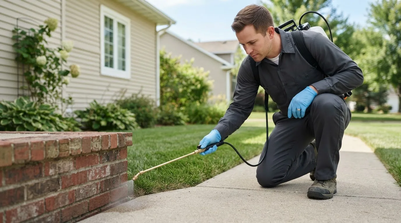 Pest control technician treating a home near Collegeville, PA